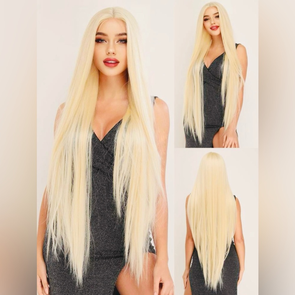 13*4*1 T-Part Hum-Synthetic Super Long Blonde Straight Lace Front Wig for Women.